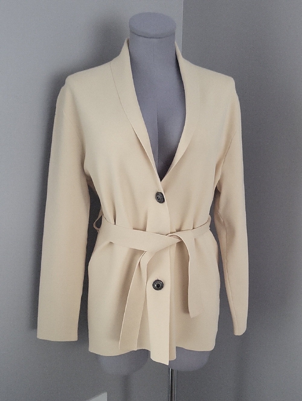 ZARA Cream Thick Knit Belted Oversized Cardigan Blazer SZ S